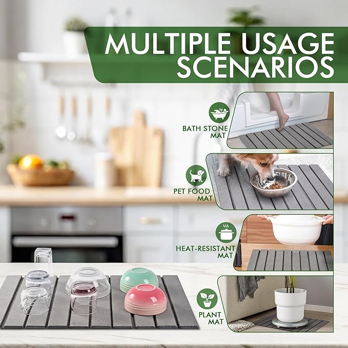 Stone Dish Drying Mat for Kitchen CounterLarge Dark Gray Foldable Diatomaceous Earth Dish Drying MatQuick-Dry Absorbent Bath &amp Countertop Stone Dishes Mats for Dishes Bottles Cups 23x15.3