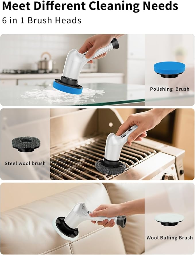 Electric Spin Scrubber Cordless Household Cleaning Brush with 6 Replaceable Heads 3 Speeds LED Display Lightweight Handheld Power Scrubber for Cleaning Stove/Bowl/Sink/Corner/Tile/Grout-White