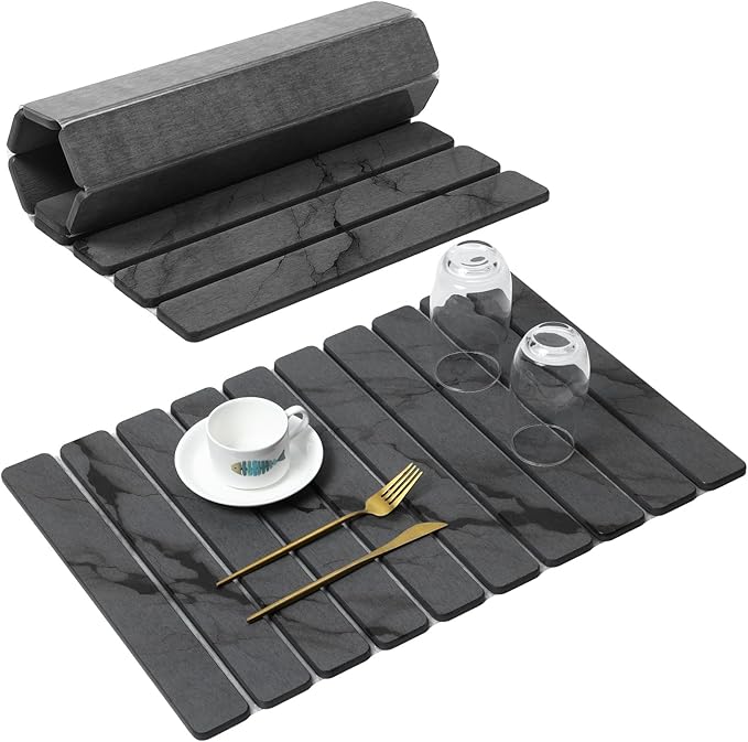 Large Stone Dish Drying Mat for Kitchen Counter Quick Dry Stone Dishes Mats Foldable Water Absorbing Diatomaceous Drying Pad for Countertop Bottles Utensils Cups Bathroom (Dark Gray 24x16)