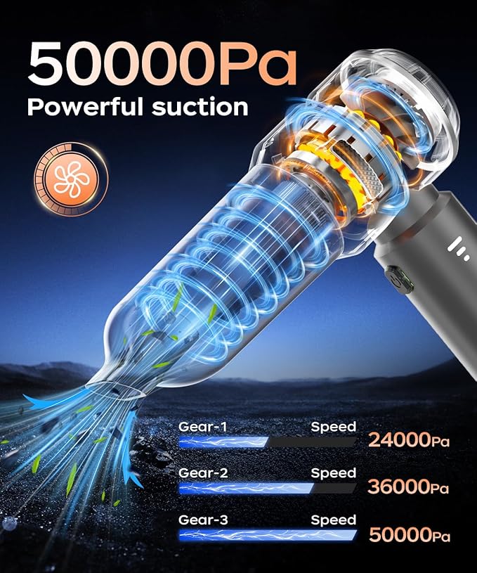 Car Vacuum3 Suction ModesPortable Mini Cordless Cleaner with 50000pa Suction PowerType-C ChargeHandheld Vacuum for HomeCarBirthday Gifts for Men Dad Husband (Black)