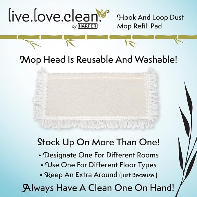 Harper Live.Love.Clean. Bamboo 2-in-1 Smooth Surface Wet/Dry Dust Mop with (2) Washable Pads for Cleaning Dust Pet Hair &amp Fine Dry Dirt