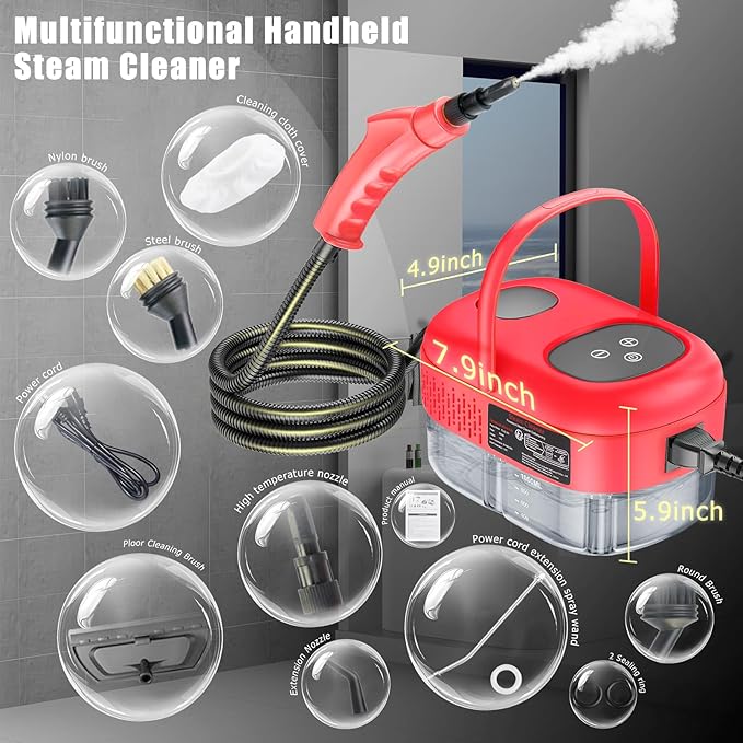 Handheld Steam Cleaner with Touch Screen Portable Steamer for Cleaning Hand Held Steamer Cleaner Pressurized Hand Steam Cleaner for Home Car Detailing Walls Grout Couch Tile Carpet Red