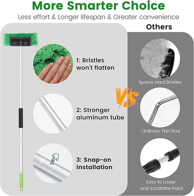 Car Wash Brush with Long Handle 60'' Soft Bristle Cleaning Brush Car Cleaning Brushes Carwash Brushes for SUV RV Boat Truck House Siding Sweep Snow Green