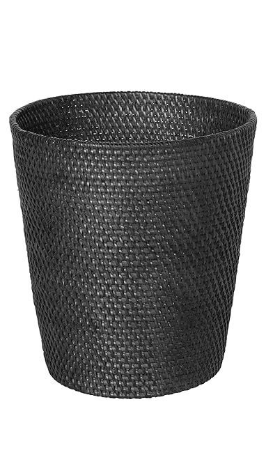 KOUBOO Loma Round Rattan Paper Waste Basket Trash Can Bathroom Garbage Bin Bedroom Kitchen Office Home Desk Small Wicker Bin for Waste Paper Black