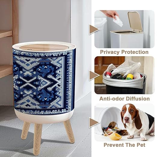 Small Trash Can with Lid Navy Blue Indigo Geometric ethnic oriental seamless thai traditional 1.8 Gallon/7L Garbage Can Waste Bin with Press Top Lid Legs Waste Basket for Bathroom Kitchen Bedroom