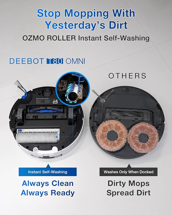 ECOVACS DEEBOT T80 Omni Robot Vacuum and Mop Instant Self-Cleaning OZMO Roller Mop TruEdge Deep Cleaning AI Navigation 18000Pa Suction and ZeroTangle 3.0 for Pets and Carpets