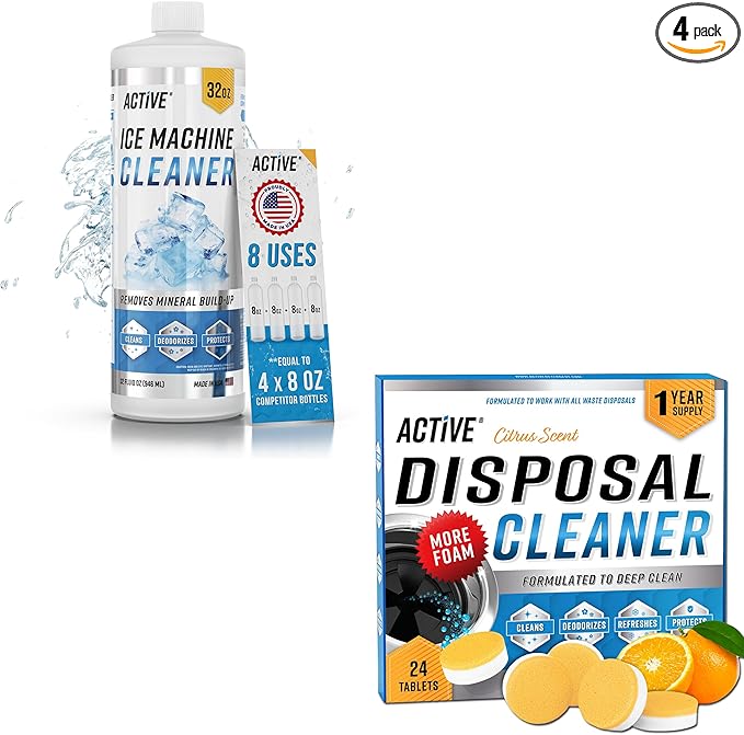 ACTIVE Ice Maker Cleaning Solution and Garbage Disposal Cleaner - Includes 32oz Ice Machine Cleaner and 24ct Disposal Cleaning Tablets