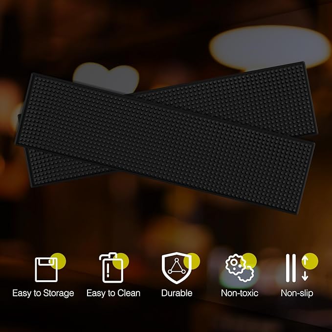 Tioncy 4 Pcs Bar Mat for Countertop 24 x 6 Inch Black Non Slip Cocktail Rubber Coffee Bar Service Mat for Bartending Hot Dishes Restaurants Barbershop Clippers Hot Pads