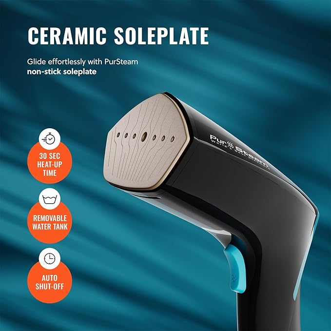 PurSteam Handheld Garment Steamer for Clothes – Powerful Wrinkle Remover with 3 Steam Settings Large Removable Water Tank and Fast Heat-Up – Portable Fabric Steamer for Home &amp Travel