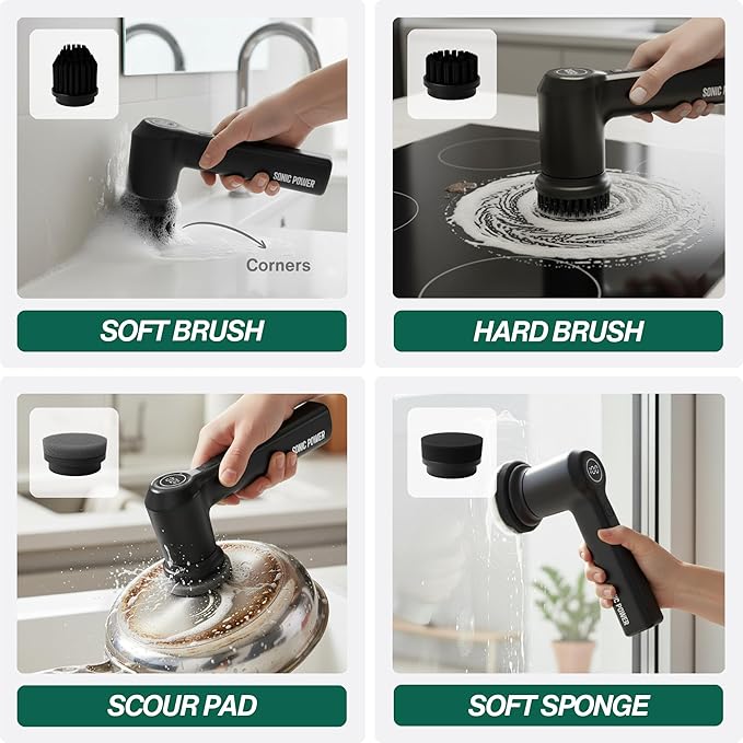 Electric Spin Scrubber – Handheld &amp Ergonomic IPX7 Waterproof 4 Multi-Purpose Brush Heads Long-Lasting Rechargeable Battery – Cleans Dishes Bathroom Tile Grout &amp Kitchen (Black)