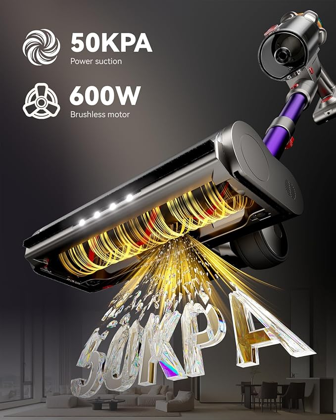 Cordless Vacuum Cleaner 50KPA 65Mins XL Dust Cup Vacuum Cleaners for Home Stick Vacuum with Anti-Tangle BrushLED DisplaySelf-Standing Vacuum Cordless for Hardwood Floor Carpet Pet Hair