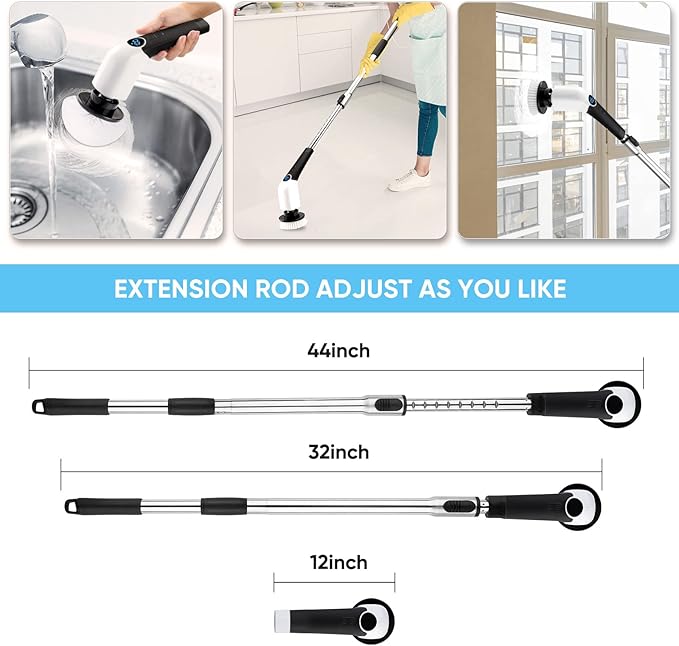 Electric Spin Scrubber Cordless Cleaning Brush Power Shower Scrubber Long Handle Extendable Handheld Electric Scrubber for Bathroom Floor Tub Tile with 8 Replaceable Brush Heads &amp Hook
