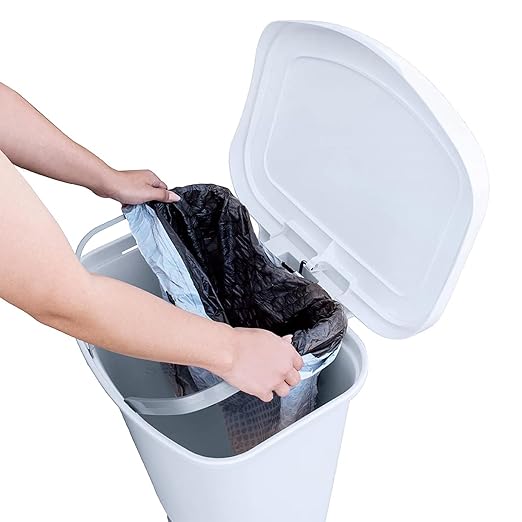 Glad 13 Gallon Trash Can | Plastic Kitchen Waste Bin with Odor Protection of Lid | Hands Free with Step On Foot Pedal and Garbage Bag Rings 13 Gallon White