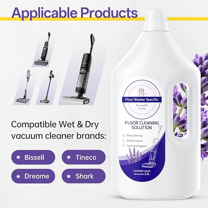 Floor Cleaning Solution Compatible With Tineco/Bissell/Dreame And Shark Fragrance Deodorization Deep Cleans for Multiple Hard Floors Suitable With Cordless Wet/Dry (【Lavender】 2.51 Liter)