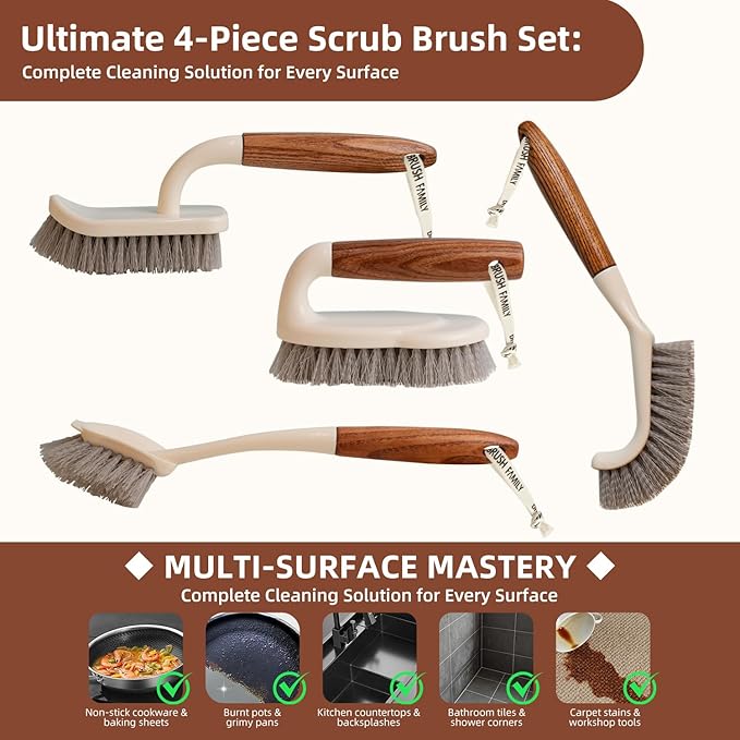 4-Pack Heavy Duty Scrub Brushes Set with Wooden Handles Triangle &amp Square Floor Scrubber Dish Brush Grout Cleaner for Kitchen Bathroom Tile Carpet &amp Stubborn Stains Removal