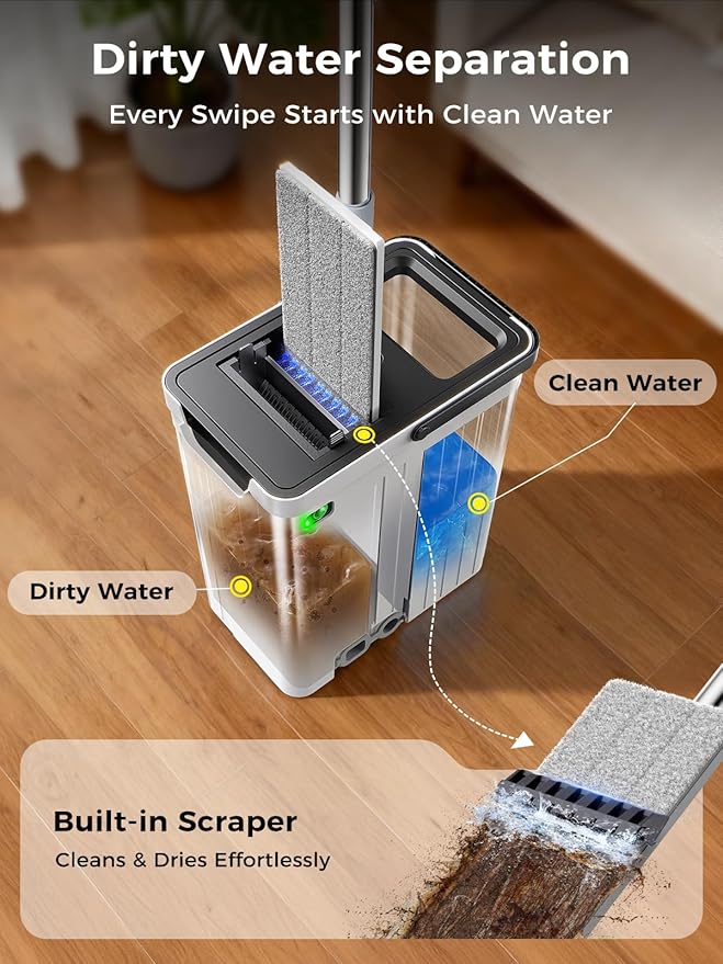 Mop and Bucket Set | Auto-Spray Cleaning | Dirty Water Separation Keep Water Fresh | Flat Mop &amp Bucket with Scraper | 3X Washable Pads | Mops for Floor Cleaning All Floors Tile Wall Window