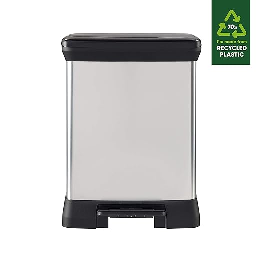 Curver Metal Effect 70% Recycled Kitchen Accessories 30L Duo Recycling Pedal Touch Deco Bin Silver