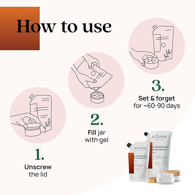 Azuna Air Freshener &amp Odor Eliminator for Strong Odor | 2 Room Kit Includes (2) Empty Luxe Glass Jar &amp 12oz Gel Refill with Tea Tree Essential Oil | Sandalwood Scent | Last 60-90 Days