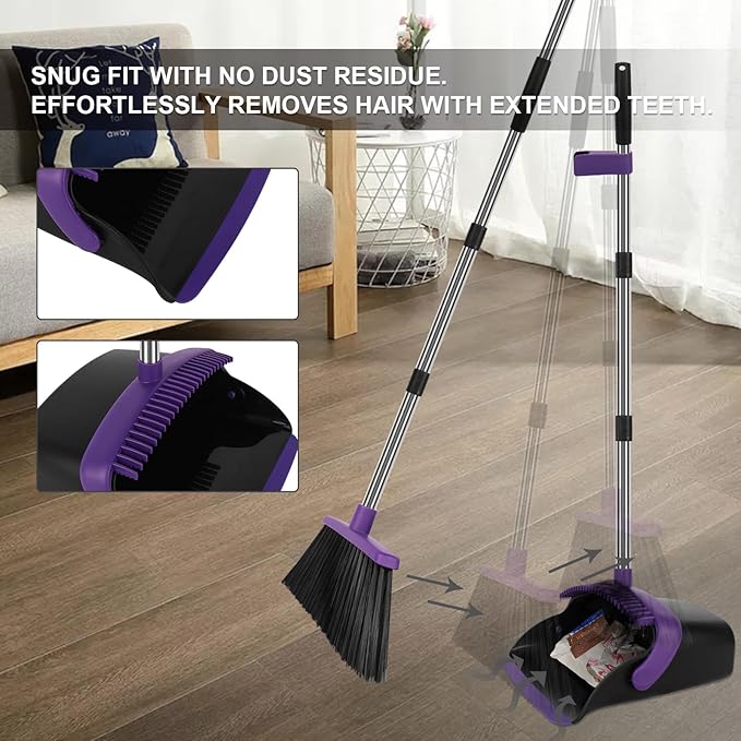 Broom and Dustpan Set Large Household Dustpans and Broom with 55 Inch Long Handle Pueple Broom with Dustpan Combo Set for Home