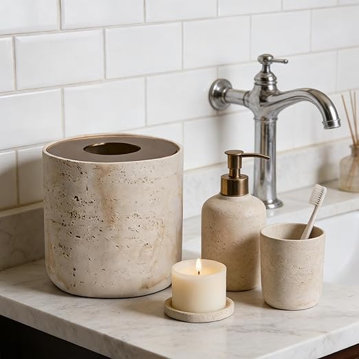 Natural Travertine Textures Mini Trash Can with Rose Gold Stainless Steel Lid Mini Countertop Trash Can for Bathroom Kitchen Desk or Table top Mini Garbage Can Resin Tiny Waste Basket for Vanity