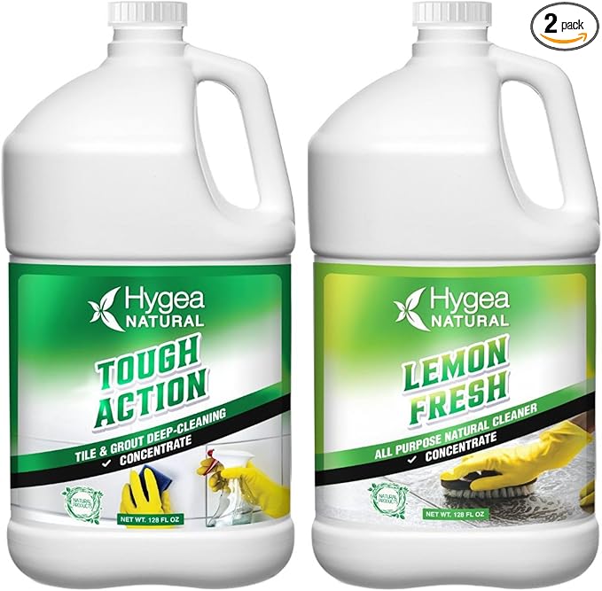 Hygea Natural Tough Action Tile &amp Grout Deep Cleaning Concentrate 128oz + Lemon Fresh All Purpose Cleaner &amp Degreaser Concentrate 128oz Bundle - Removes dirt &amp scum without harsh chemicals