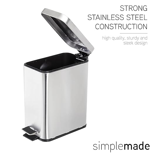 SIMPLEMADE Rectangle Step Trash Can - 5 Liter / 1.3 Gallon - Small with Lid Stainless Steel for Bathroom | Office | Garbage | Metal Wastebasket (Steel)