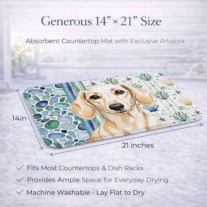 Caroline's Treasures Cream Dachshund Coastal Sea Glass Dish Drying Mat Absorbent Dish Drying Mat Pad for Kitchen Counter Dish Drainer Mat for Countertop 14 x 21 Multicolor