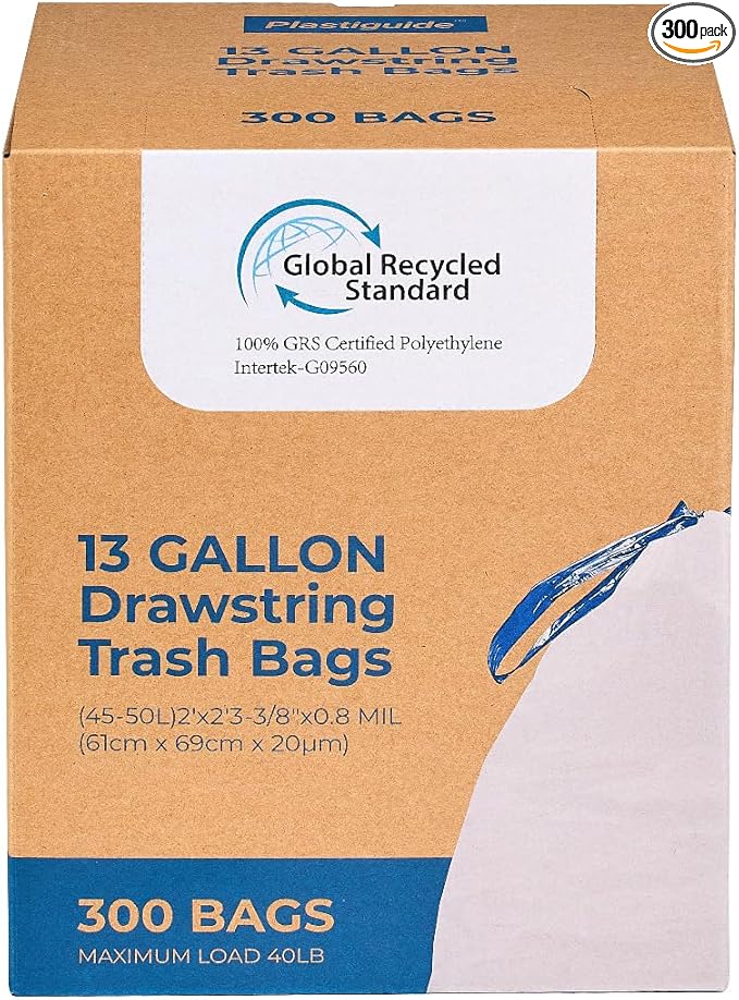 300 Count Tall Kitchen Drawstring Trash Bags 13 Gallon 100% Post-Consumer Recycled Commercial Garbage Bags GRS Compliant Unscented White