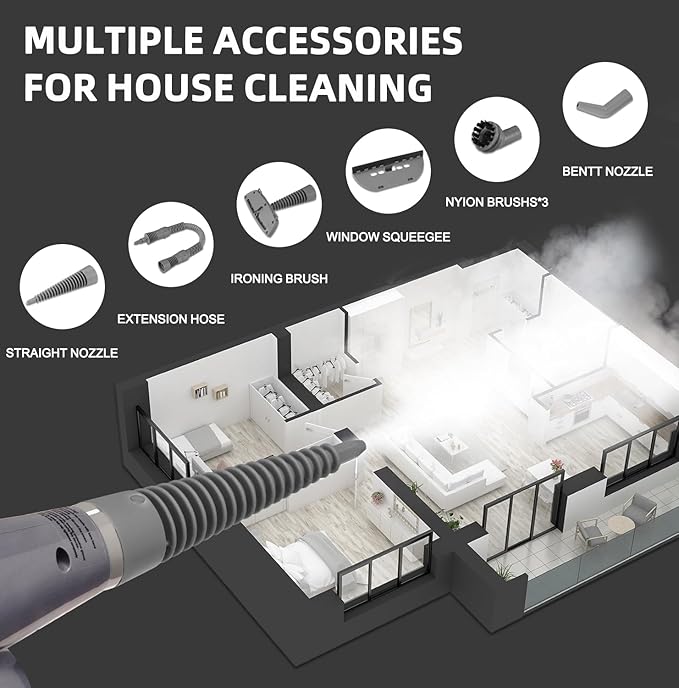 Handheld Steam Cleaner Pressurized Multi-Surface Steam Shot with 13 Accessories Safety Lock Steamer for Cleaning Floor Upholstery Grout Windows Couch and Car Grey