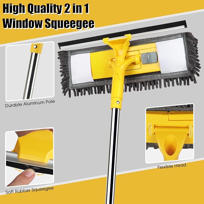 96 Long Handle Window Wall Cleaner Tool with Extension Pole2 in 1 Large Window Squeegee with Cleaning Mop Tools Kit for Window/Wall/Baseboard/Floors Clean/Solar Panel Washer