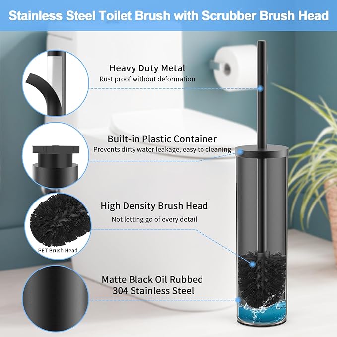 Stainless Steel Toilet Brush and Holder Set Wall Mount Heavy Duty Toilet Bowl Brush Oil Rubbed Matte Black Toilet Brush Set with Long Handle for Bathroom and Farmhouse