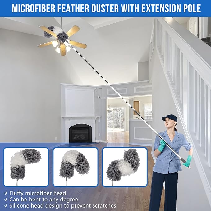 Microfiber Feather Duster Kit with Extension Pole (30–100) – Bendable Washable Heads Extendable Dusters for Cleaning Ceiling Fan High Ceiling Blinds Furniture &amp Cars (5 Pcs)