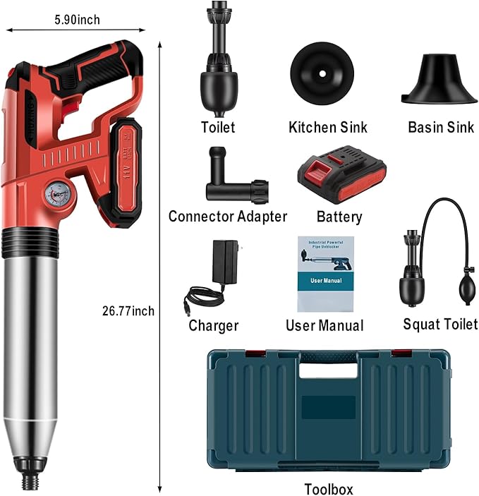 Electric Toilet PlungerDrain Clog Remover ToolsHigh Pressure Air Toilet Plungers Heavy Duty Plunger For ToiletBathroomFloor DrainSewerPipeRED