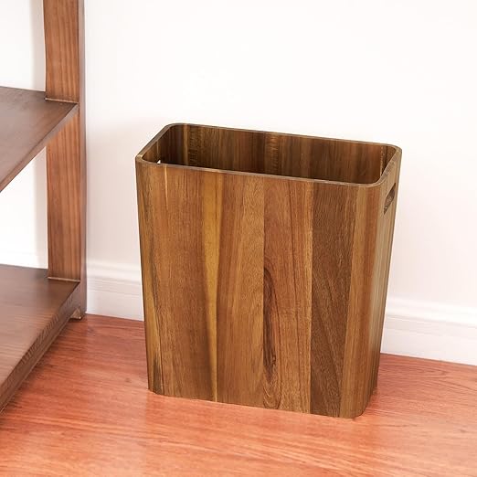 LiTY 3 Gallons Wooden Wastebaskets Solid Acacia Wood Waste Basket with Handles Rectangular Trash Can Garbage Bin for Bedroom Bathroom Kitchen Living Room Office Decorative