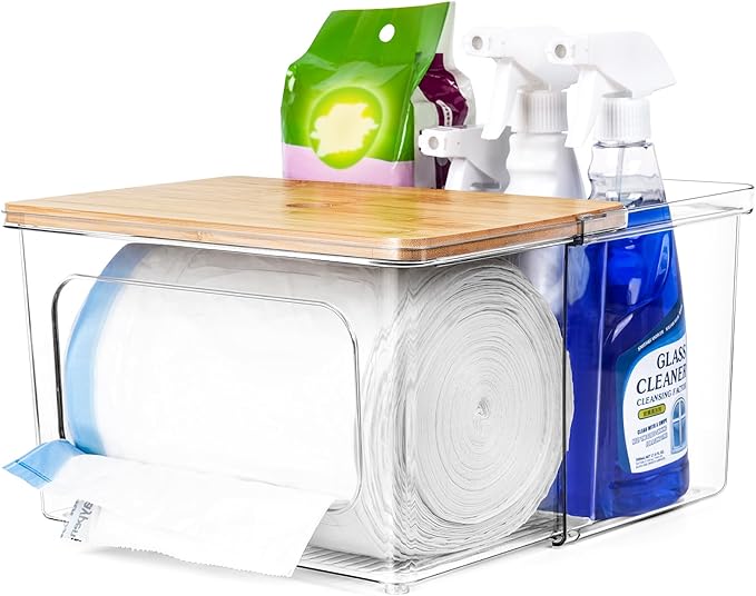 Trash Bag Dispenser Under Sink Organizer 2-in-1 Acrylic Trash Bags Holder with Bamboo Lid Holds Large Rolls up to 100 Count Garbage Bag Storage Container for Kitchen Pantry Laundry Room