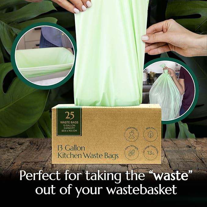 Cleanomic Compostable* 13 Gallon Trash Bags with Drawstring (3 Pack 75 Count) BPI Certified For Kitchen Compost