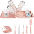 Bottle Brush Set 7 in 1 Cleaner Set with Baby Drying RackSilicone BrushStraw BrushNipple BrushSoap DispenserSpoonStorage Box Portable Essentials for Home &amp TravelPink(H-003)