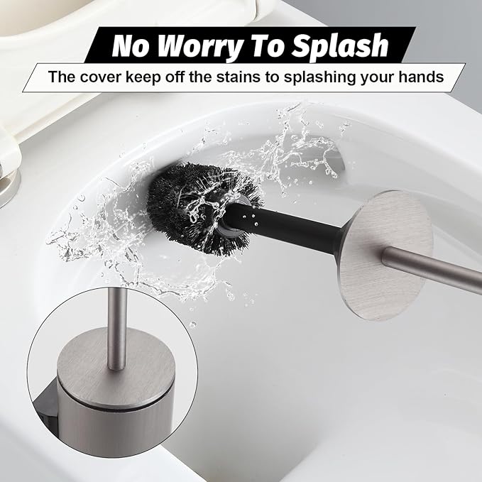 BGL Toilet Brush and Holder Set Brushed Nickel Wall Mounted for Bathroom Round Design