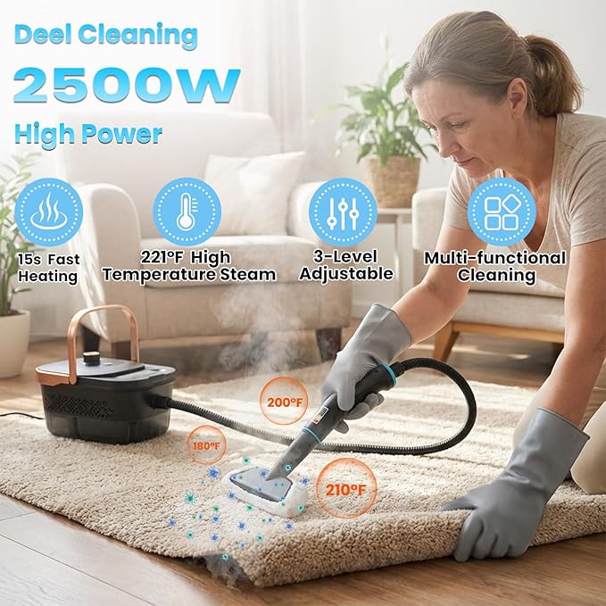 Handle Steam Cleaner 2500W Steam Cleaner for Home 3-Level Adjustable Handle15s Heat-Up Portable Steamer for Cleaning Car Dirt Grout Couch Furniture GreaseTile