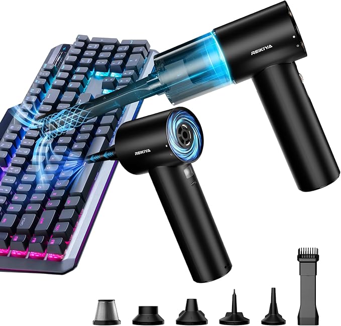 REIKIYA Compressed Air Duster 150000RPM Portable Air Blower for Computer Keyboard with LED Light 7800mAh Rechargeable 18000Pa Cordless Portable Vacuum Cleaner for Car Home Office