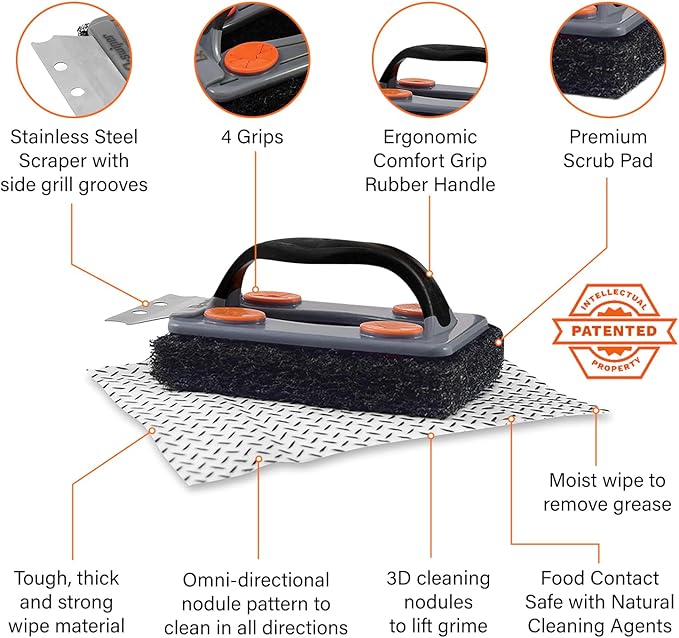 Proud Grill Q-Swiper Grill Cleaner Set - Bristle &amp Wire-Free Brush with Scraper &amp 80 Moist Wipes - BBQ Smoker Cleaner Kit Safe for Outdoor Griddle Grates Grease &amp Grime Remover Barbecue
