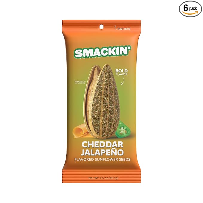 SMACKIN' Sunflower Seeds Roasted Jumbo Small-Batch American Made - Cheddar Jalapeño. 1.5oz bags (6 Pack)