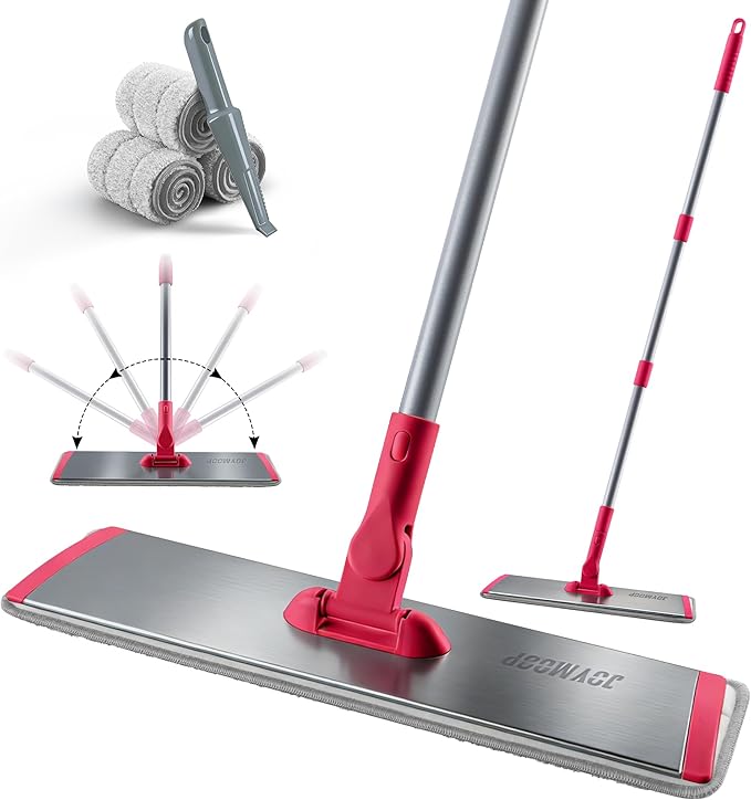 JOYMOOP 18 Inch Dust Mop for Hardwood Floors Heavy Duty Industrial Wet Dry Mops with Telescopic Handle Includes 3 Microfiber Mop Pads - Red-Grey