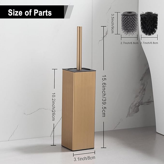 BGL Toilet Brush with Holder for Bathroom Matte Brushed Brass Aluminium Standing for Bathroom Toilet Bowl Cleaner Brush and Holder Set Square Design