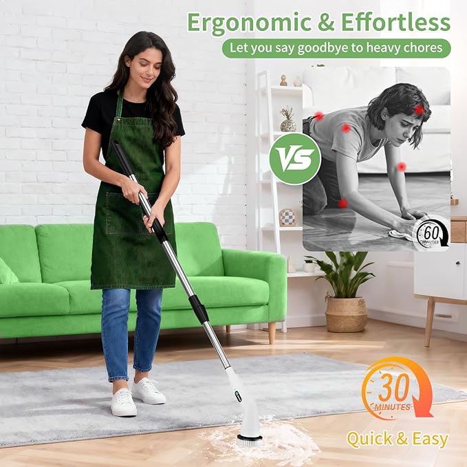 Electric Spin Scrubber - Household Cleaning Brush with 8 Heads 51.2in Extendable Pole Bathroom Scrubber for Stubborn Grease on Grill Stovetop &amp Bathtub 90Min Runtime - Type B