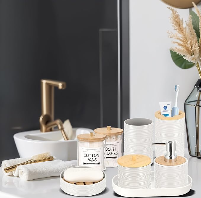 IMAVO Bathroom Accessory Set-11Pcs White Bathroom Accessories Set with Trash CanSoap DispenserSoap DishToothbrush HolderToothbrush CupToilet Brush HolderQtip Holder Dispenser with Labels