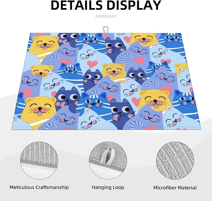 Cute Cats Dish Drying Mat for Kitchen Counter Large 18x24in Absorbent Drainer Dry Pad for Coffee Bar Decor