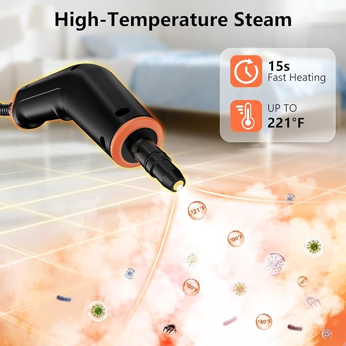 Steam Cleaner Portable Steamer for Cleaning with 16pcs Accessories 6-Level Adjustable 15s Heat-Up Handheld Steam Cleaner for Home for Tile Grease Dirt Grout Car Detailing Orange