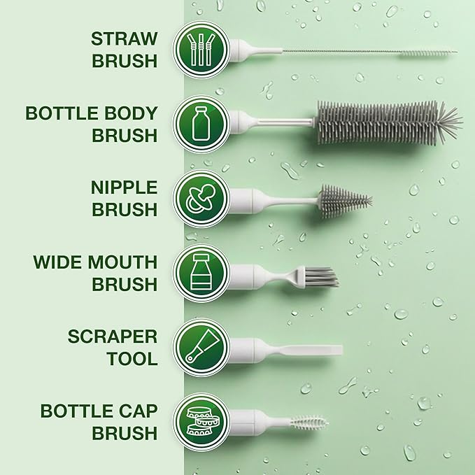 6-in-1 Bottle Brush Set with Holder – Multipurpose Cleaning Kit for Baby Bottles Reusable Water Bottles Straws and Lids – BPA-Free Compact Storage