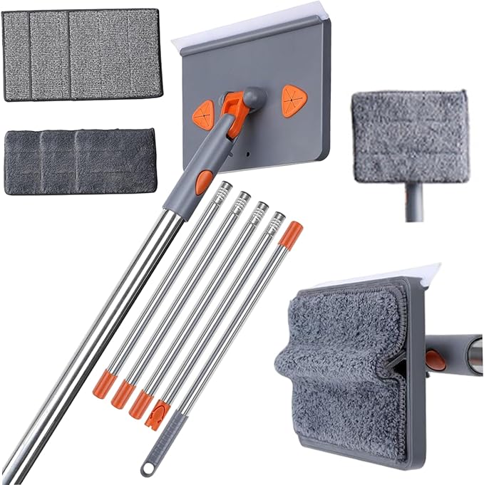 Wall Mop 79 Inch Baseboard Cleaning Tool with 6 Reusable Square Pads &amp 5 Poles Removable &amp Hangable Wall Cleaning Mop for Ceiling Floor Window Home...